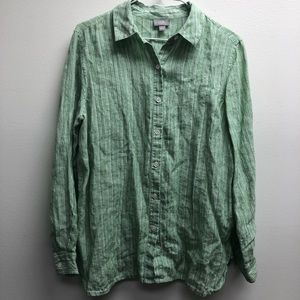 J.Jill Green and White Striped Linen Button Down